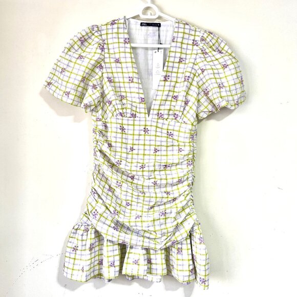 NEW ZARA Puffy Sleeve Check and Embroidered Floral Mini Dress, Size M - Picture 11 of 16